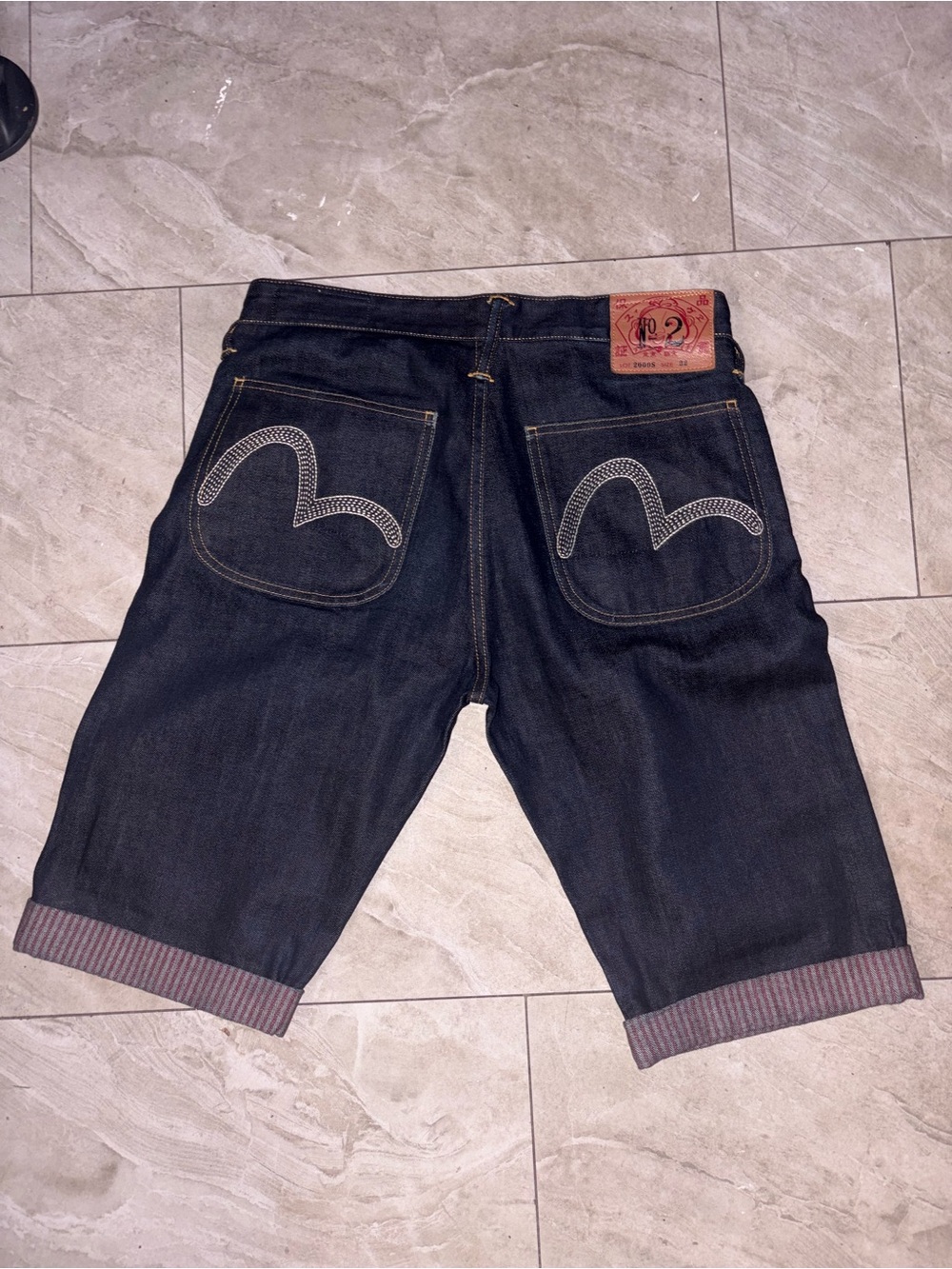 Evisu Dark Indigo Denim Shorts with Signature Back Pocket Stitch
